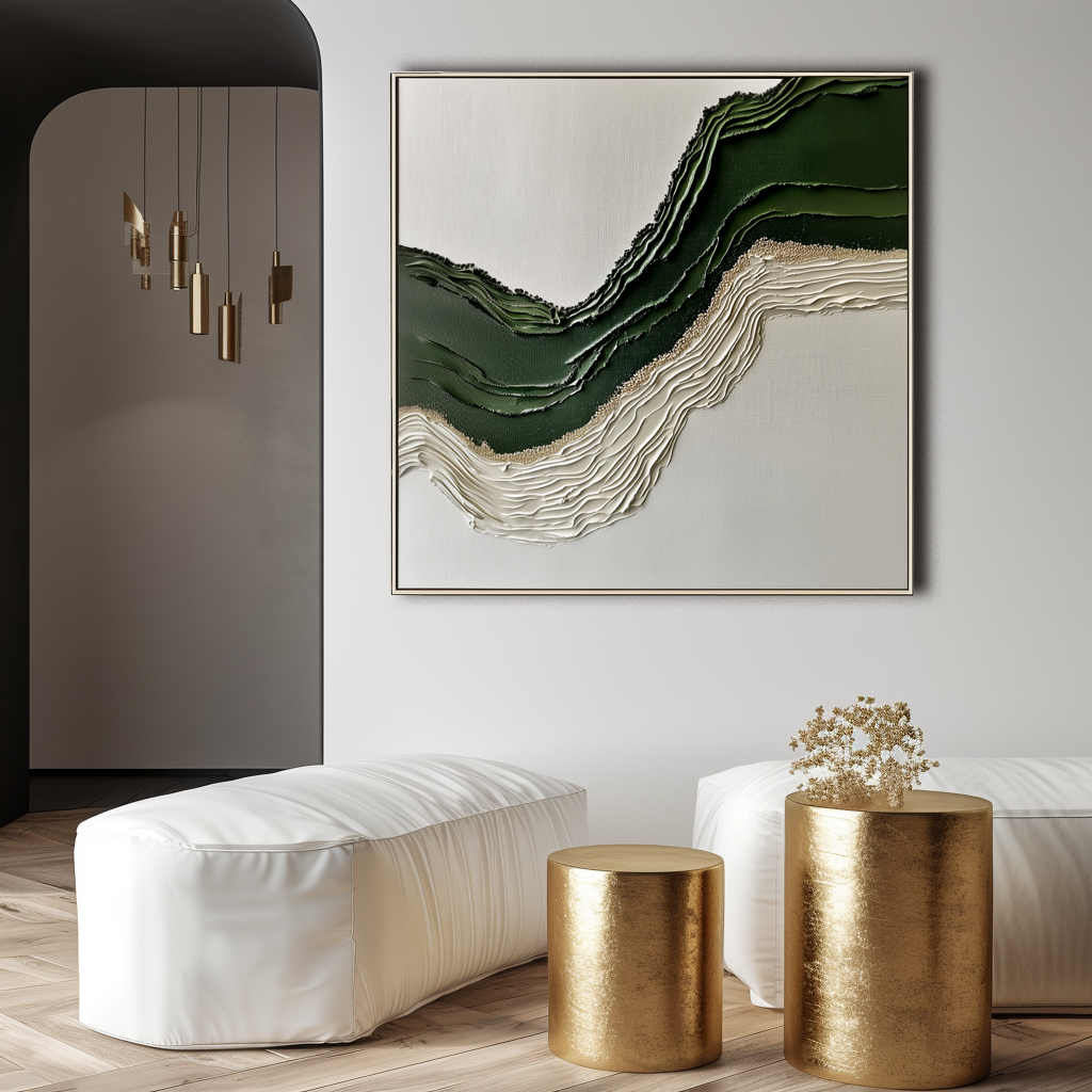 Verdant Horizon-Modern Textured Abstract Wall Art - 3D Wave Landscape Canvas Painting in Green & Neutral Tones