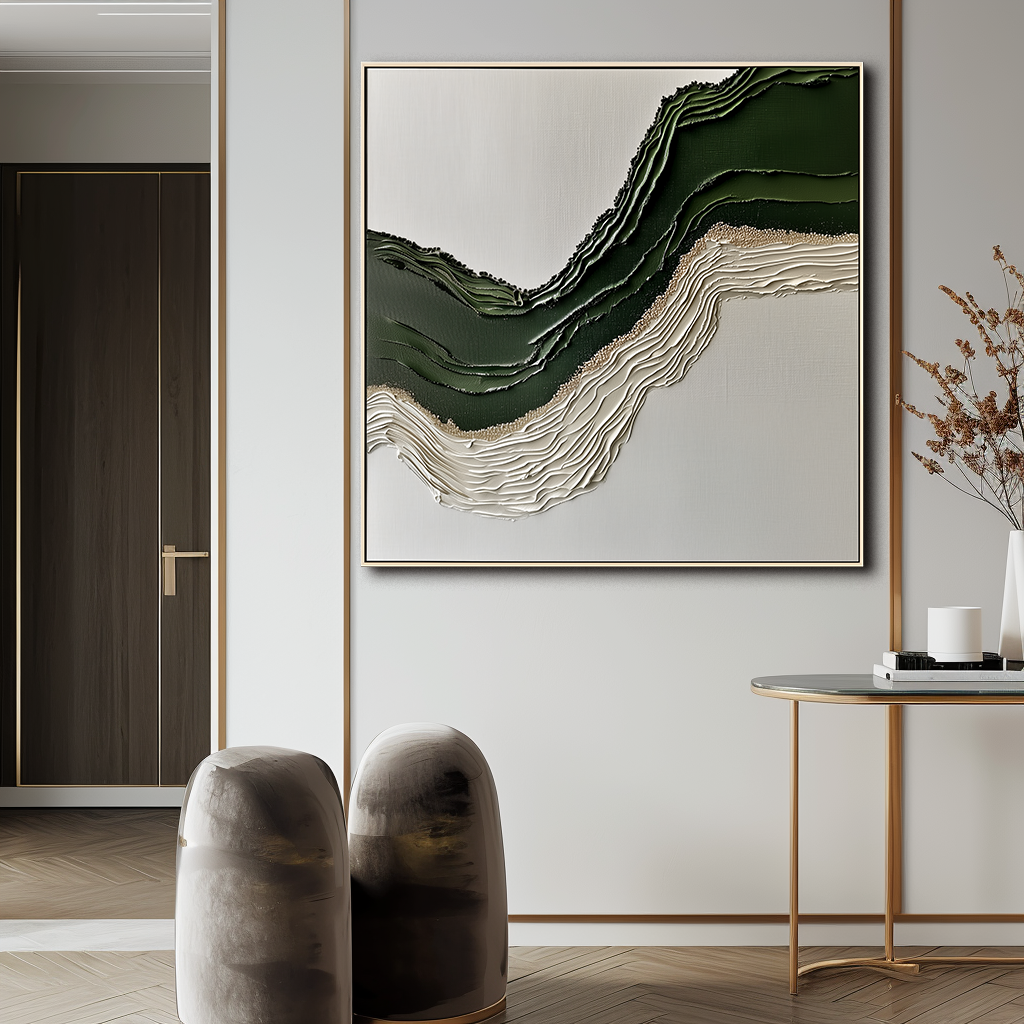 Verdant Horizon-Modern Textured Abstract Wall Art - 3D Wave Landscape Canvas Painting in Green & Neutral Tones