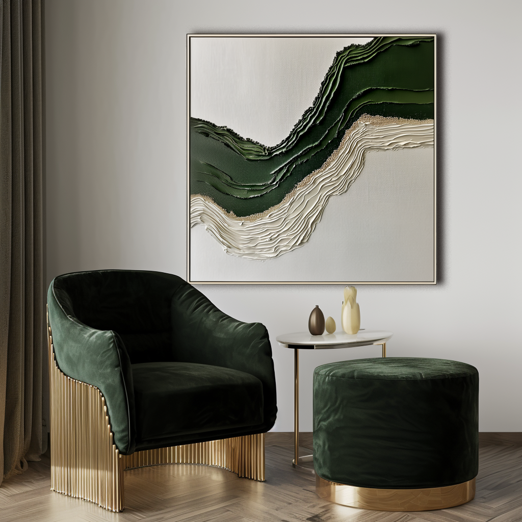 Verdant Horizon-Modern Textured Abstract Wall Art - 3D Wave Landscape Canvas Painting in Green & Neutral Tones