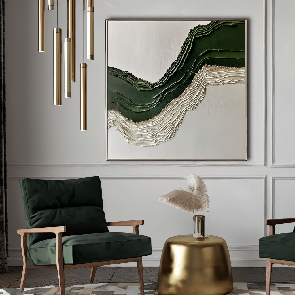 Verdant Horizon-Modern Textured Abstract Wall Art - 3D Wave Landscape Canvas Painting in Green & Neutral Tones