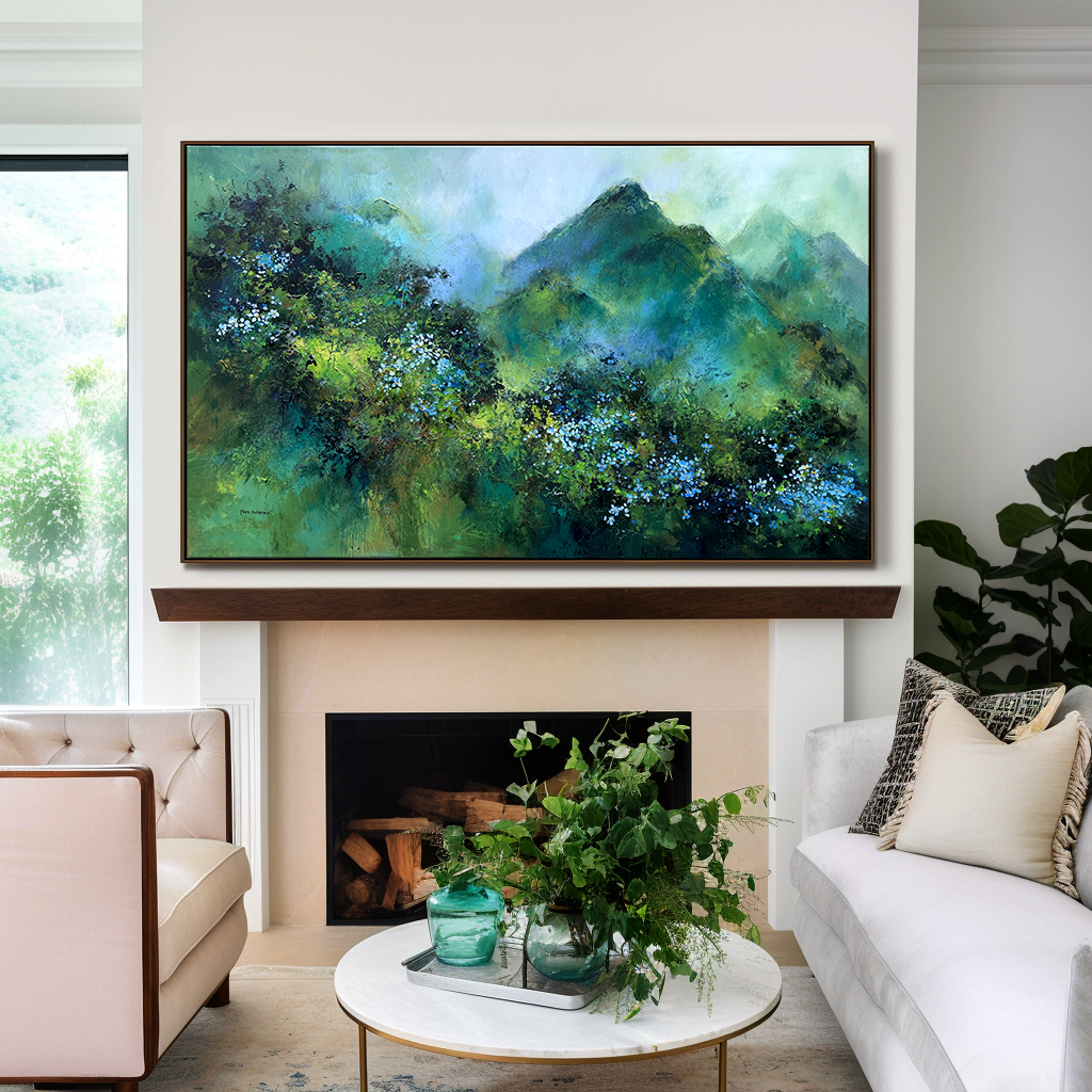 Verdant Peaks – Abstract Mountain Landscape Painting, Textured Green Canvas Wall Art