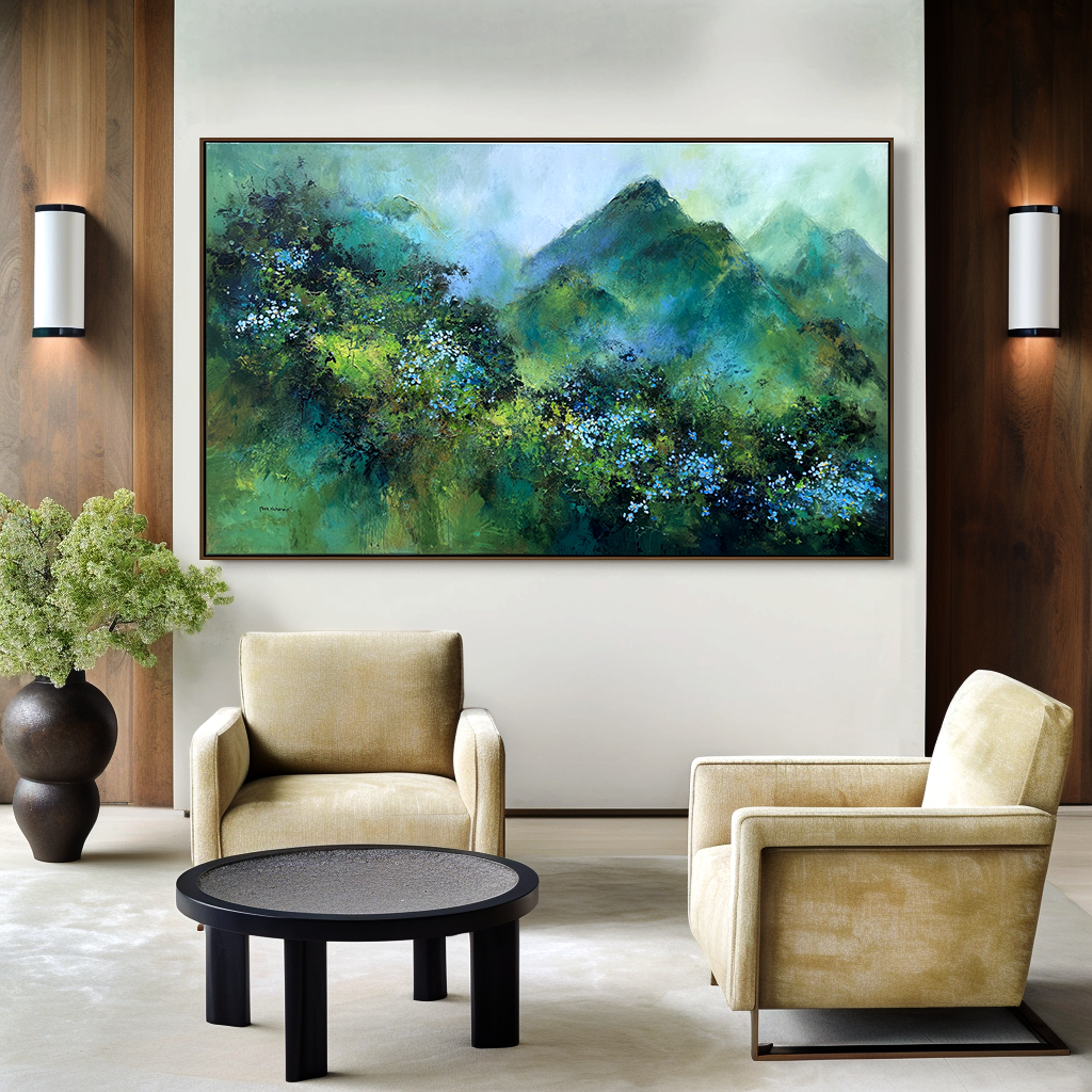 Verdant Peaks – Abstract Mountain Landscape Painting, Textured Green Canvas Wall Art
