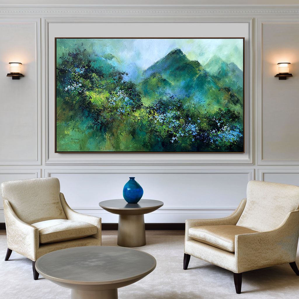 Verdant Peaks – Abstract Mountain Landscape Painting, Textured Green Canvas Wall Art