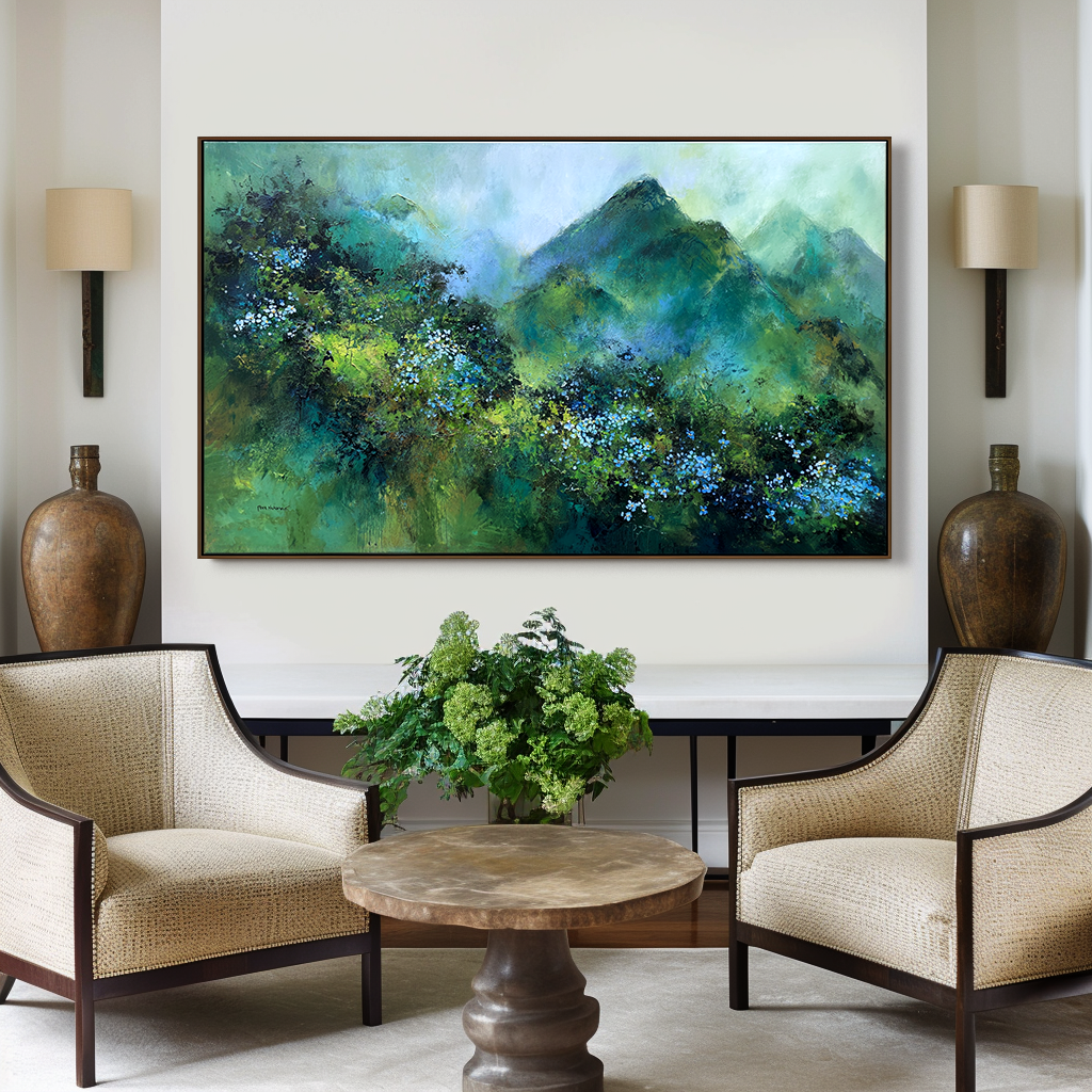 Verdant Peaks – Abstract Mountain Landscape Painting, Textured Green Canvas Wall Art