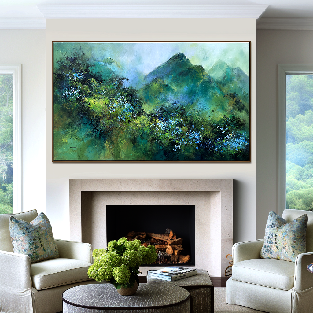 Verdant Peaks – Abstract Mountain Landscape Painting, Textured Green Canvas Wall Art