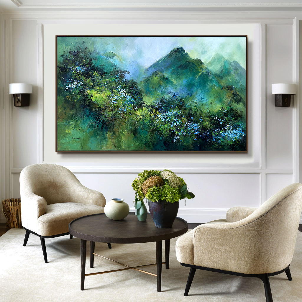 Verdant Peaks – Abstract Mountain Landscape Painting, Textured Green Canvas Wall Art