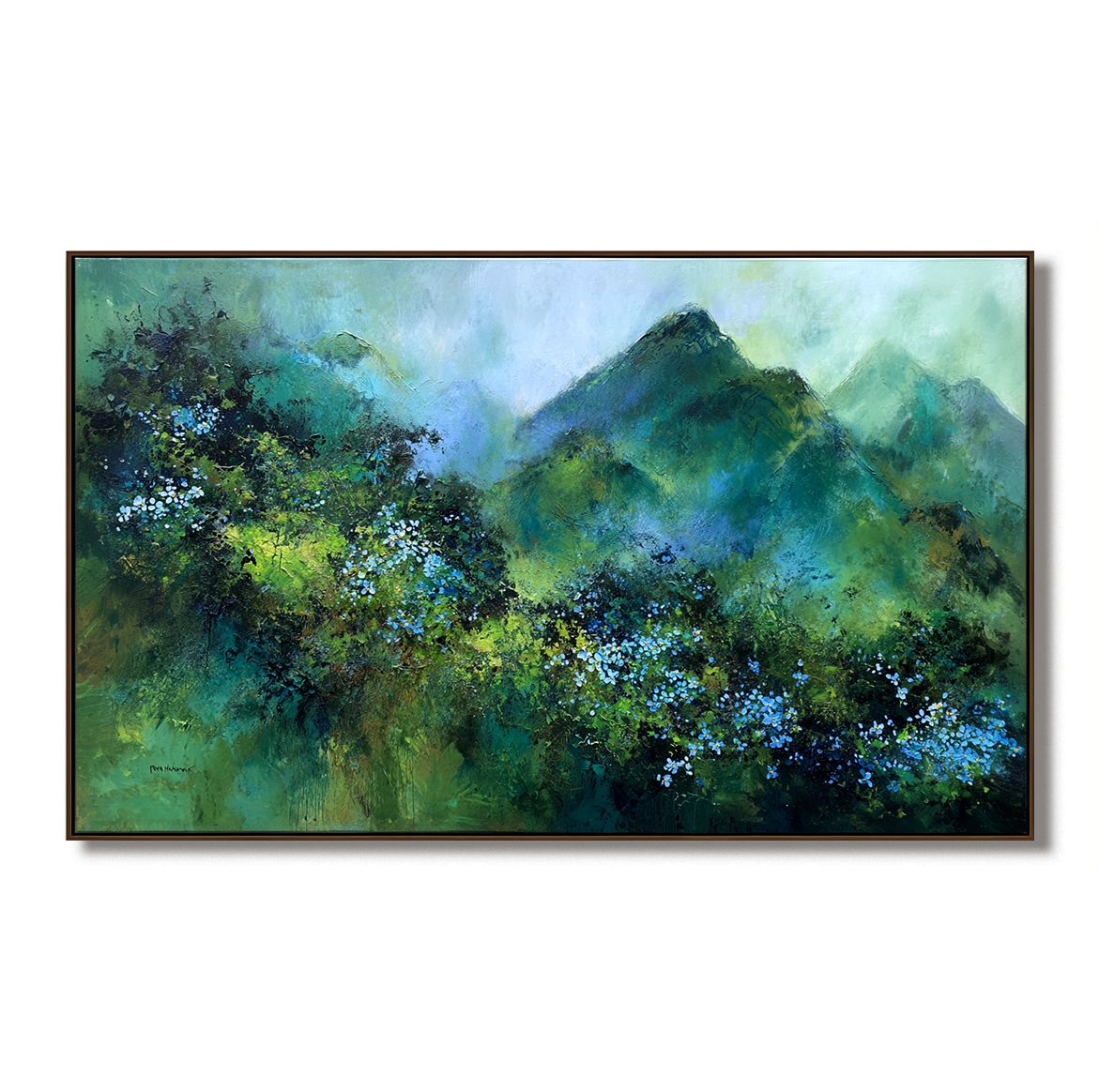 Abstract mountain landscape painting with textured green peaks and blue wildflowers, horizontal canvas wall art for modern interiors.