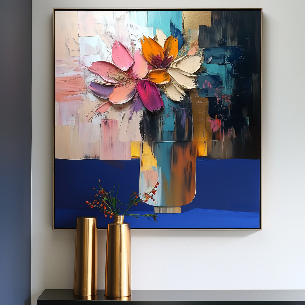 Vivid Essence-Impasto Floral Still Life Oil Painting - Vibrant Multicolored Blooms in Vase with Gold Accents, Framed Square Wall Art for Living Room & Bedroom Decor