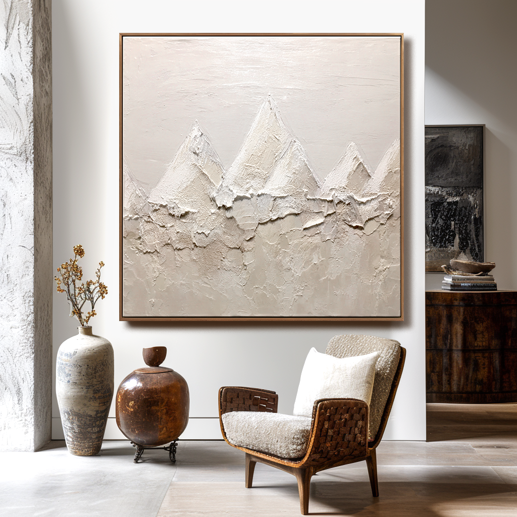 Wabi Sabi Neutral Textured Wall Art – Abstract Mountain Canvas Painting
