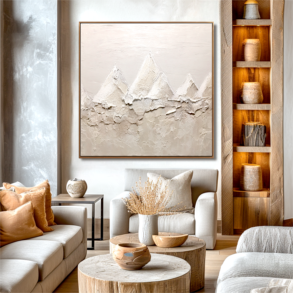 Wabi Sabi Neutral Textured Wall Art – Abstract Mountain Canvas Painting