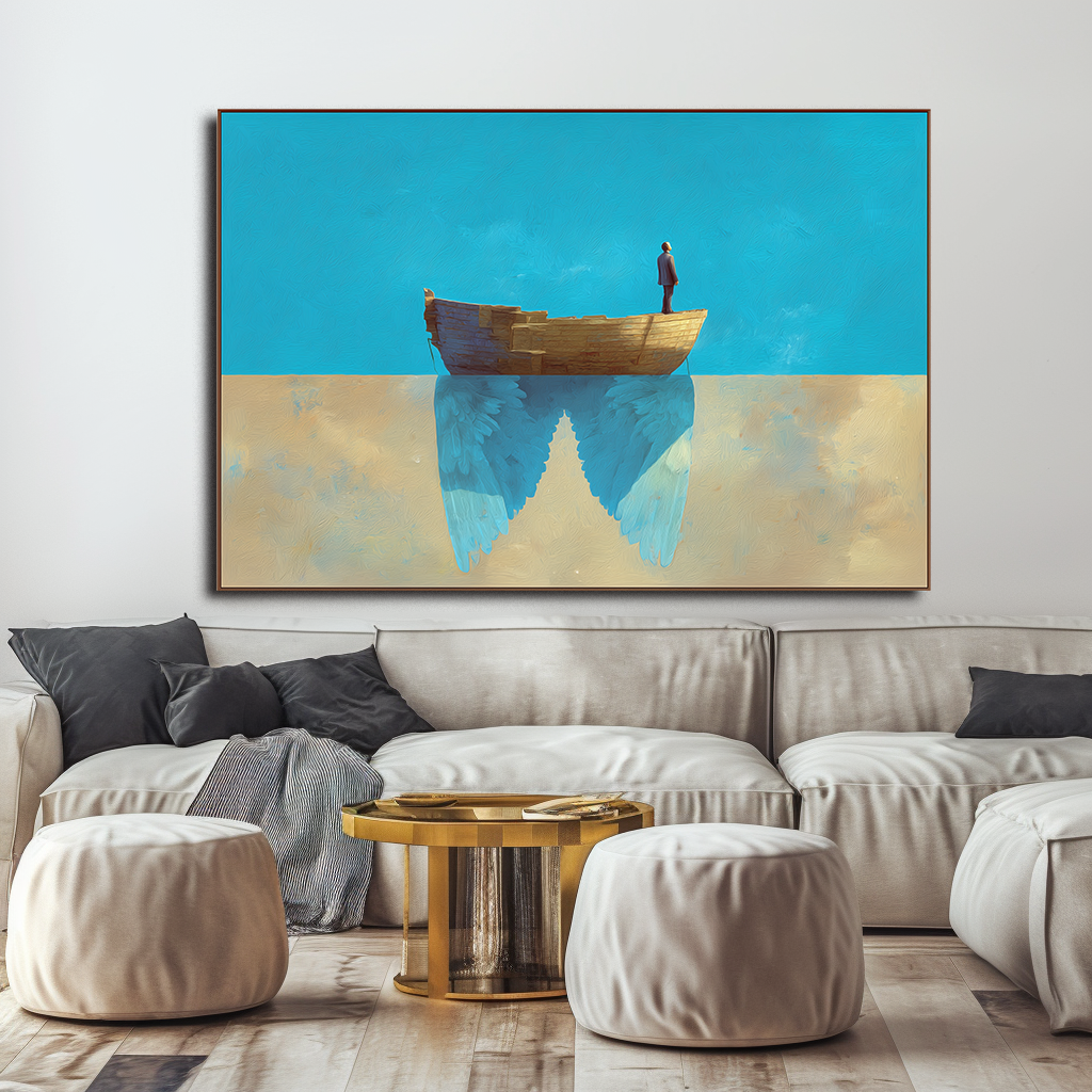 Waiting to Fly – Abstract Boat with Angel Wings Painting Minimalist Symbolic Art