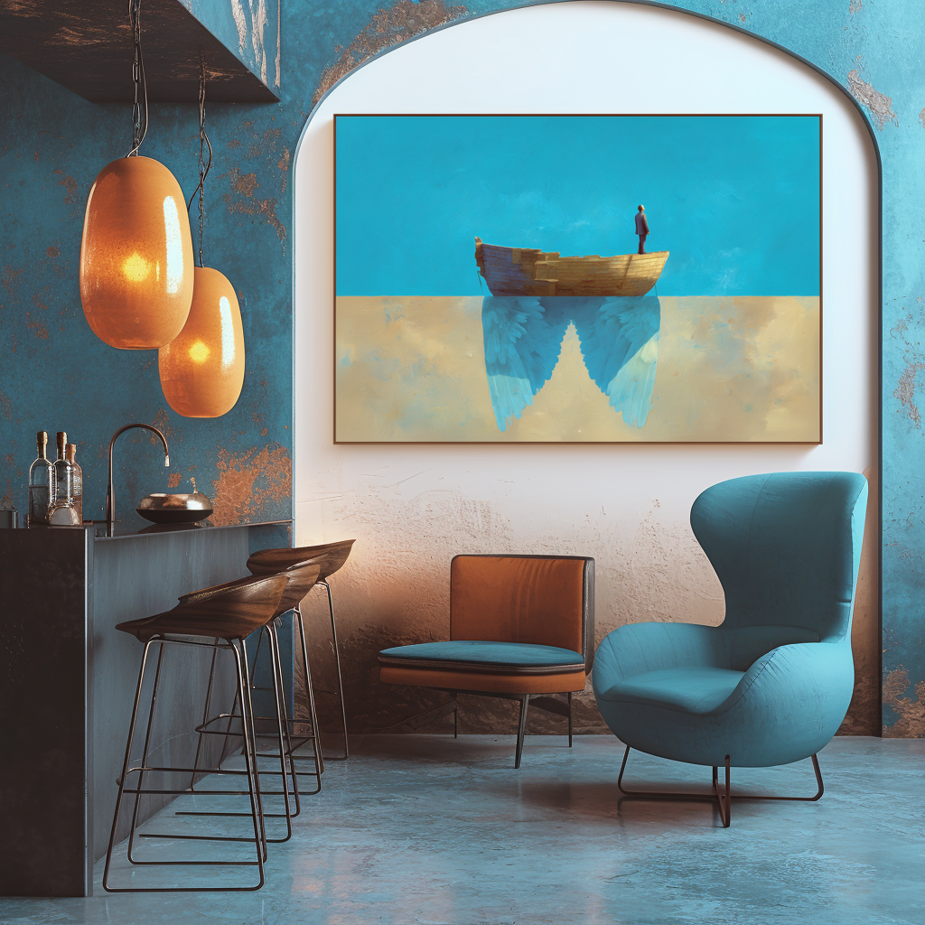 Waiting to Fly – Abstract Boat with Angel Wings Painting Minimalist Symbolic Art