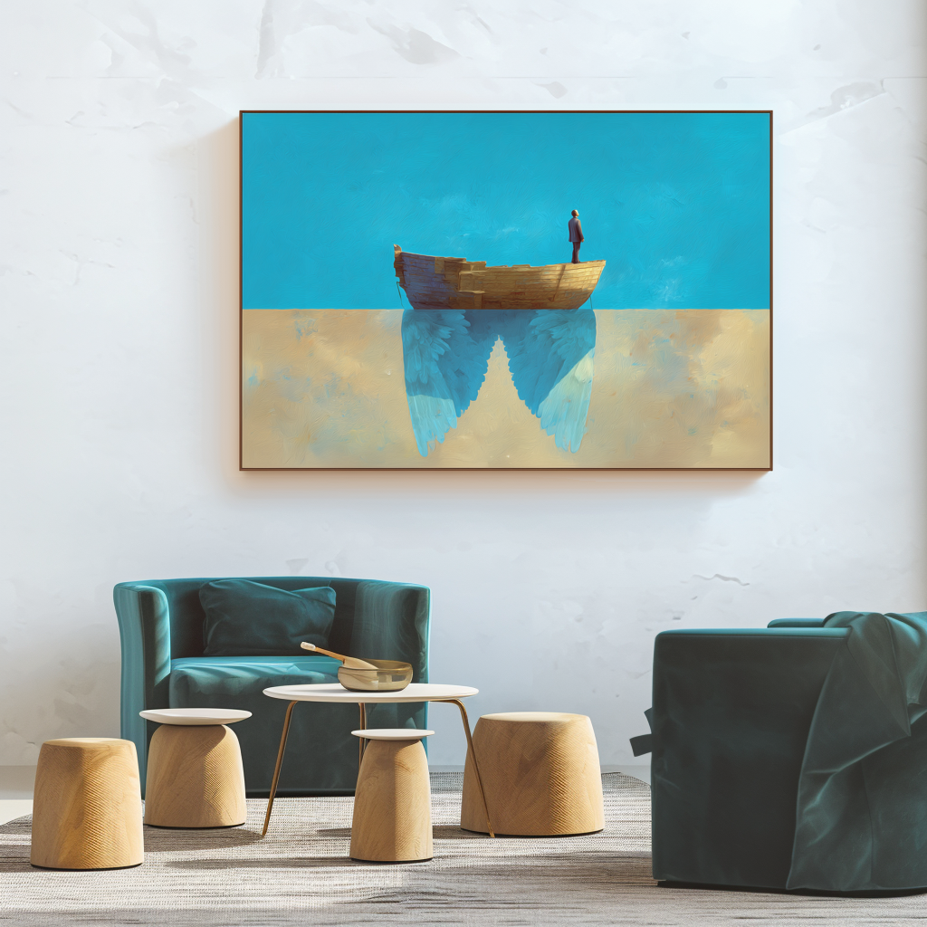 Waiting to Fly – Abstract Boat with Angel Wings Painting Minimalist Symbolic Art