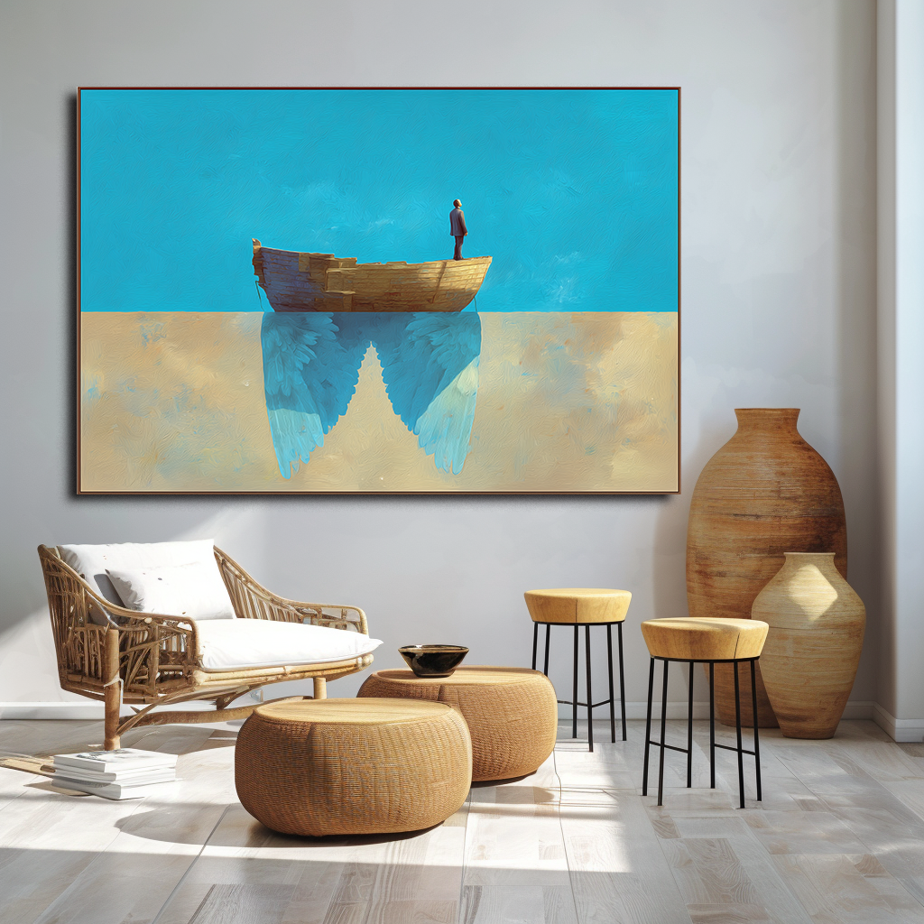 Waiting to Fly – Abstract Boat with Angel Wings Painting Minimalist Symbolic Art