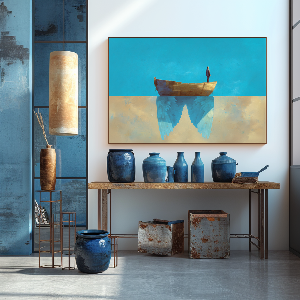 Waiting to Fly – Abstract Boat with Angel Wings Painting Minimalist Symbolic Art