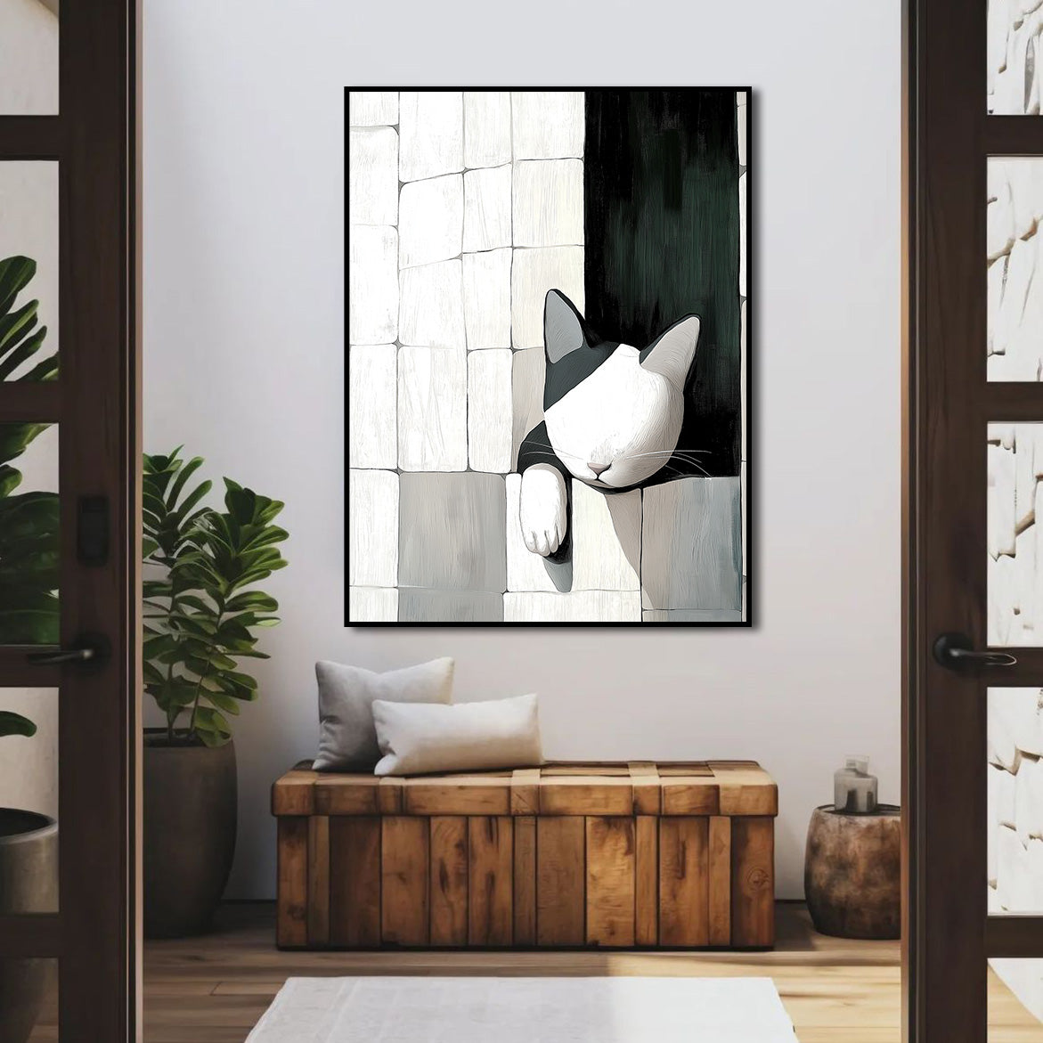 Wallflower Nap - Minimalist Cat Wall Art Black and White Cat in Abstract Tiled Space