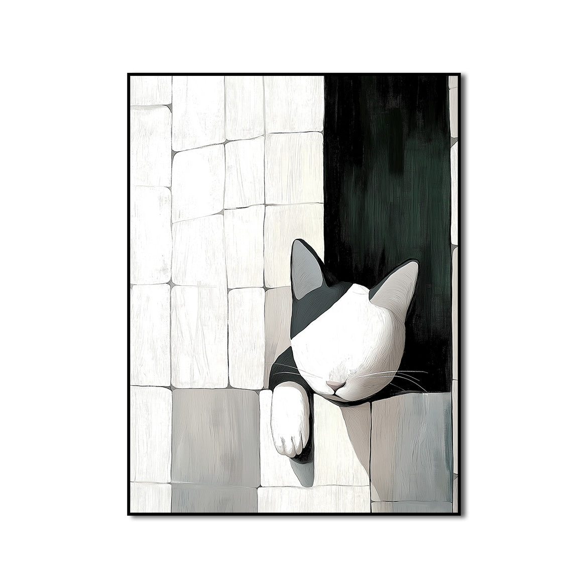 Wallflower Nap - Minimalist Cat Wall Art Black and White Cat in Abstract Tiled Space