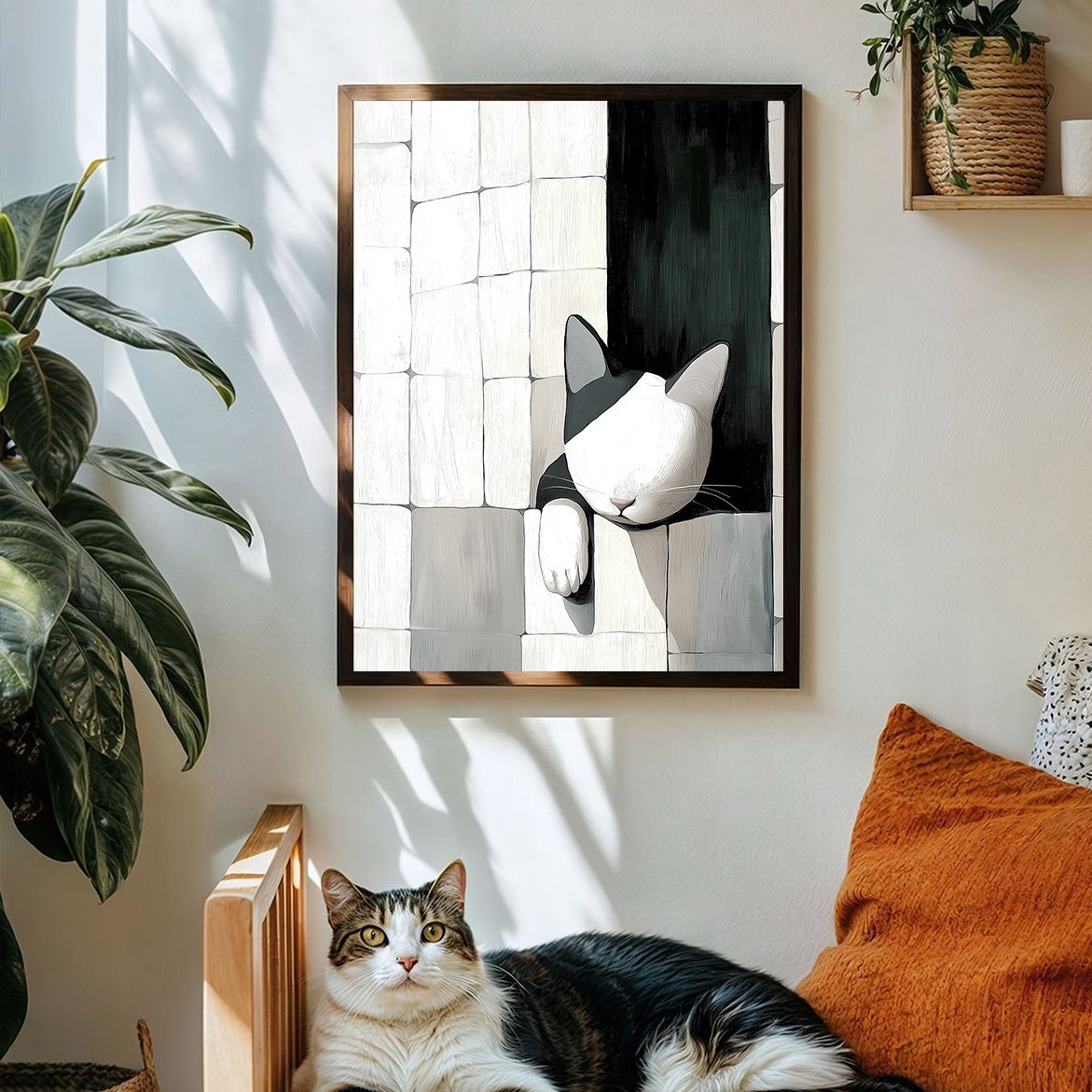 Wallflower Nap - Minimalist Cat Wall Art Black and White Cat in Abstract Tiled Space