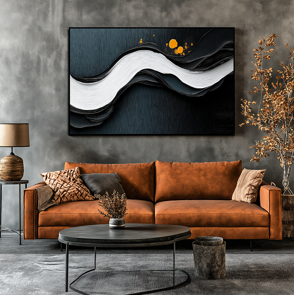 Waves of Midnight- Black White Orange Abstract Wave Wall Art , Textured Minimalist Home Decor