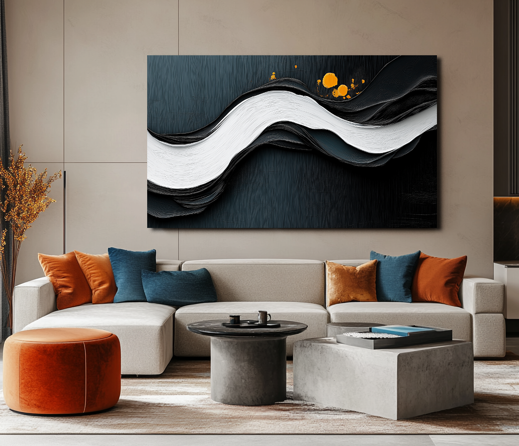 Waves of Midnight- Black White Orange Abstract Wave Wall Art , Textured Minimalist Home Decor