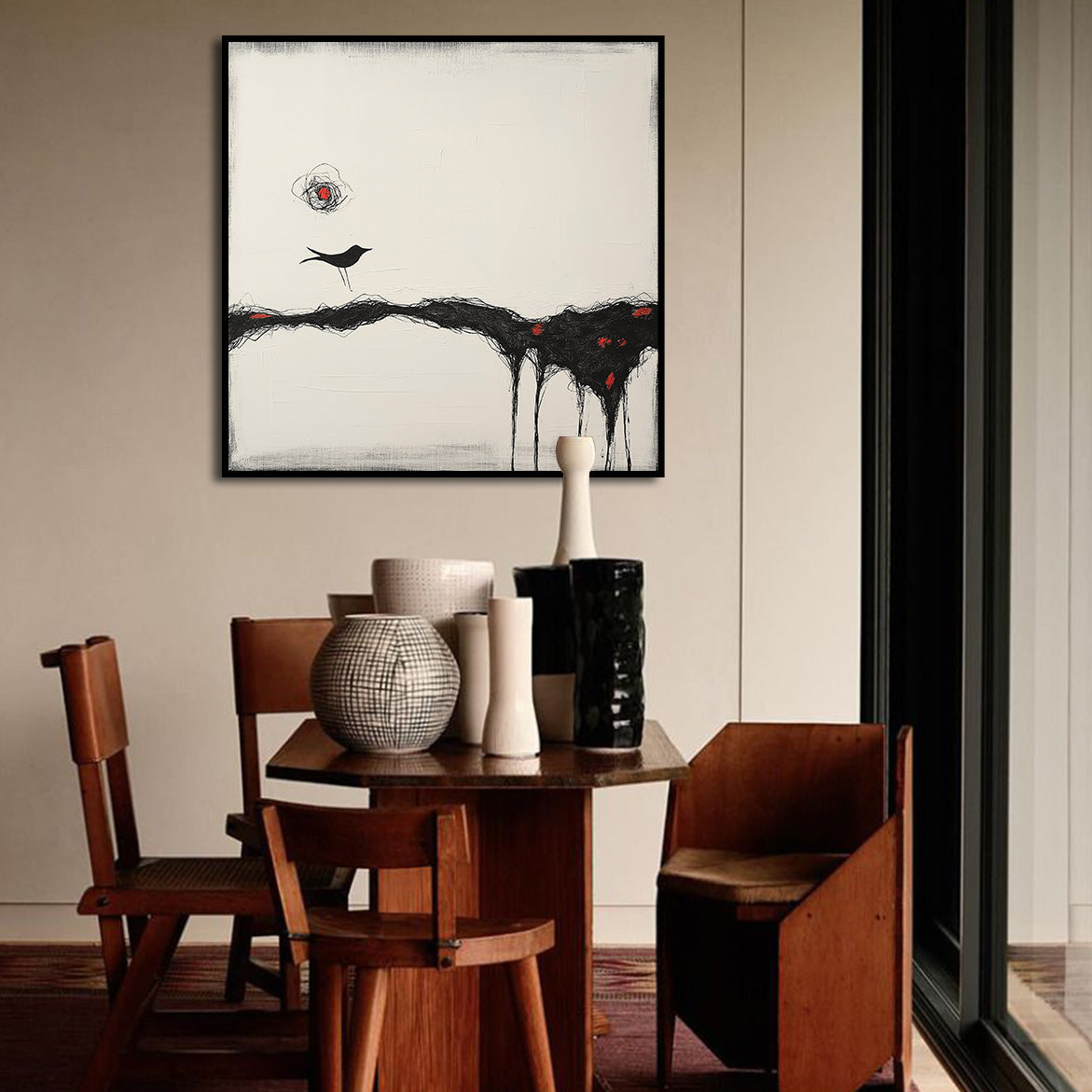 Where Silence Walks - Minimalist Abstract Bird Painting Modern Black and White Wall Art