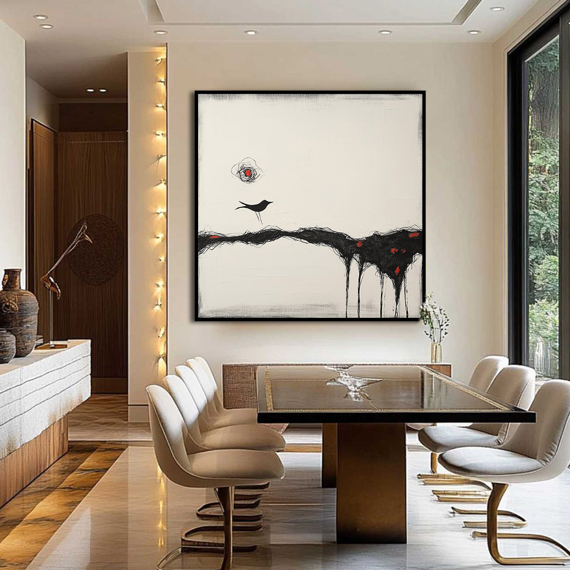 Where Silence Walks - Minimalist Abstract Bird Painting Modern Black and White Wall Art