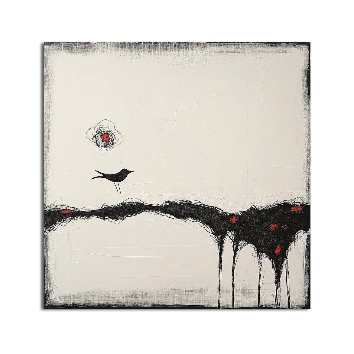 Where Silence Walks - Minimalist Abstract Bird Painting Modern Black and White Wall Art