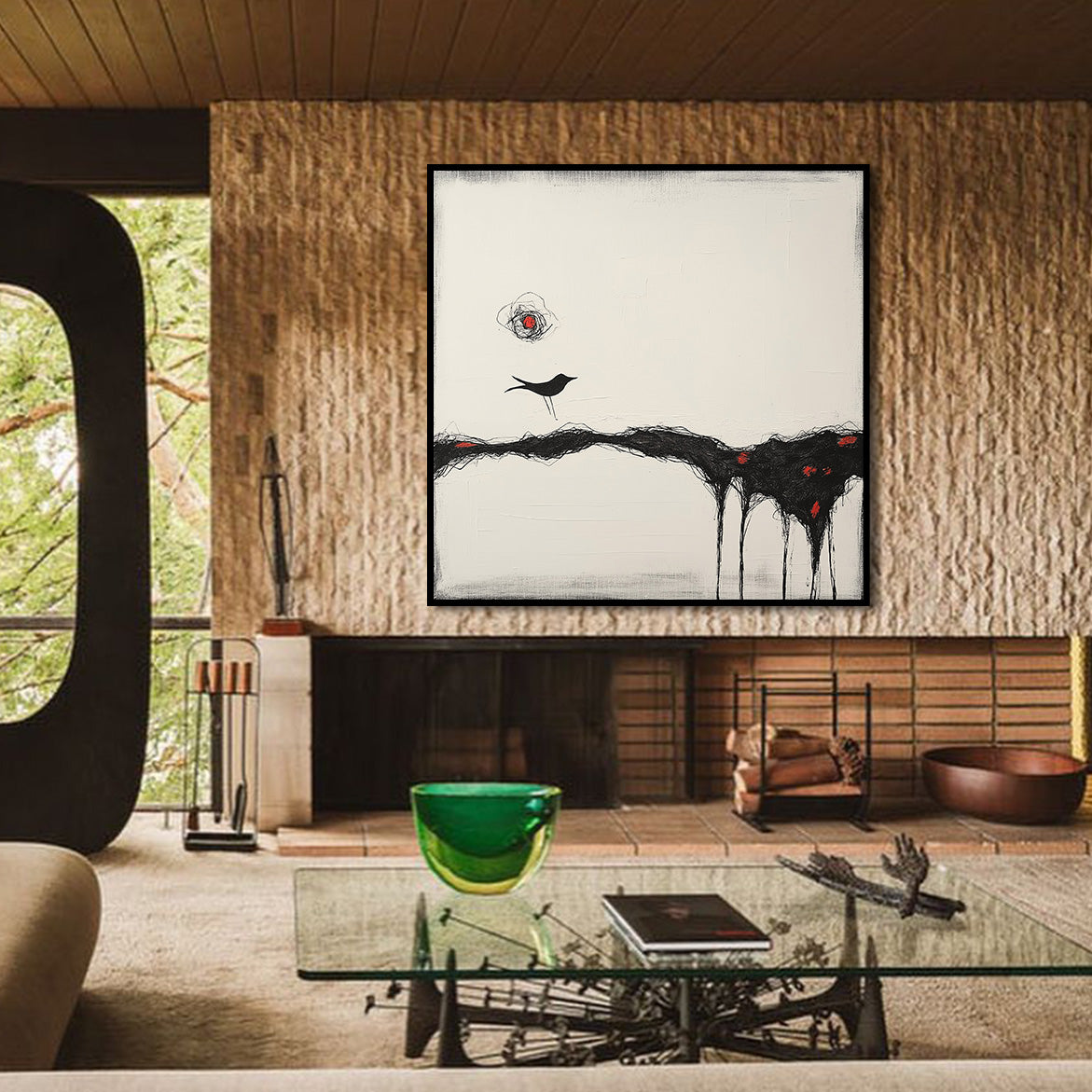 Where Silence Walks - Minimalist Abstract Bird Painting Modern Black and White Wall Art