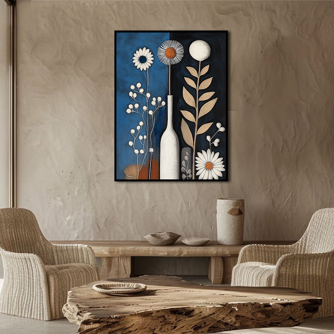 Whisper of the Night - Minimal Floral Oil Painting Blue and Black Vase Wall Art