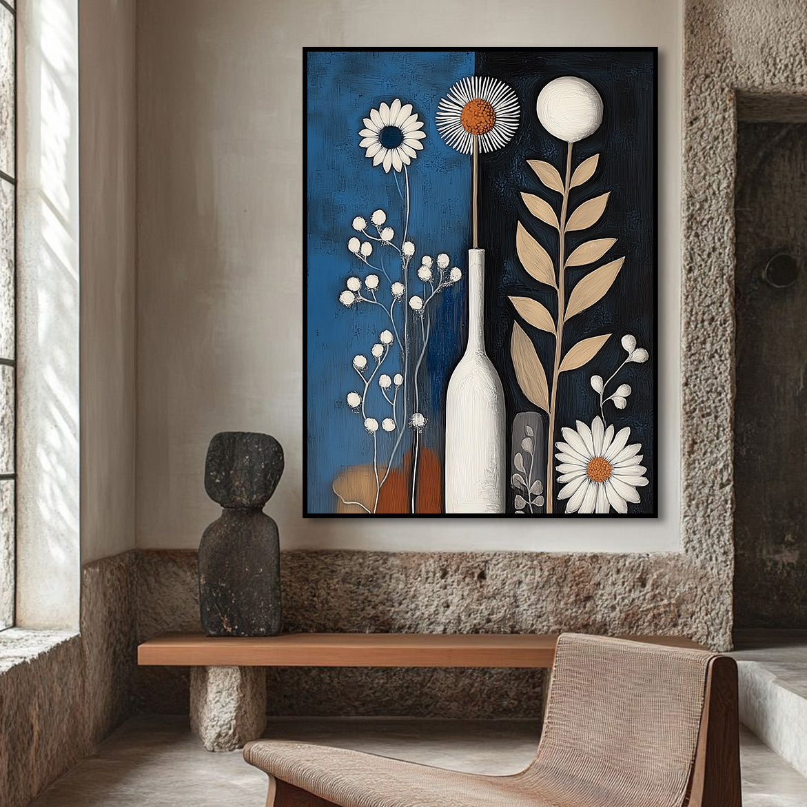 Whisper of the Night - Minimal Floral Oil Painting Blue and Black Vase Wall Art