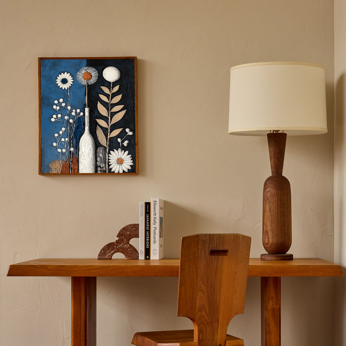 Whisper of the Night - Minimal Floral Oil Painting Blue and Black Vase Wall Art