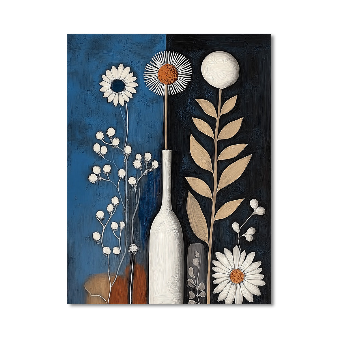 Whisper of the Night - Minimal Floral Oil Painting Blue and Black Vase Wall Art