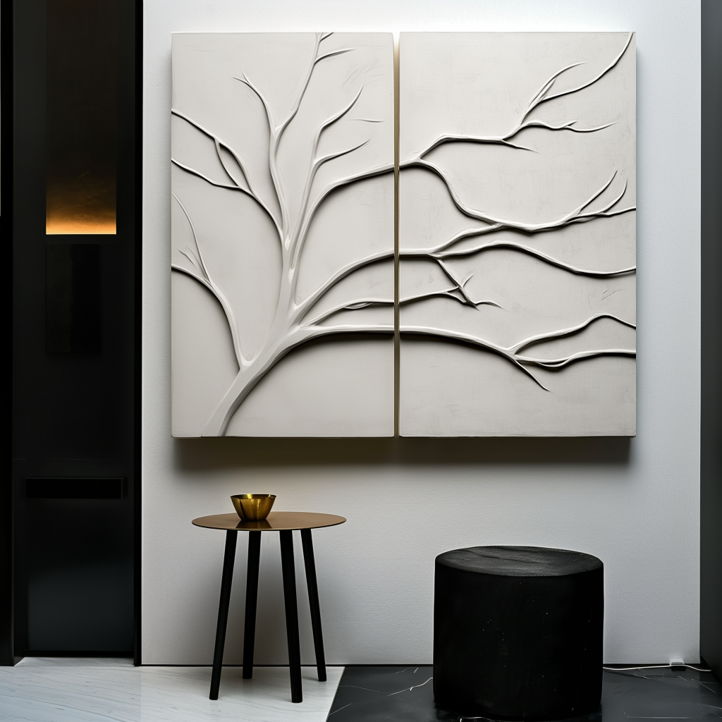 Whispering Branches-3D Textured Branch Diptych Wall Art, Wabi-Sabi Neutral Relief Decor for Minimalist Home