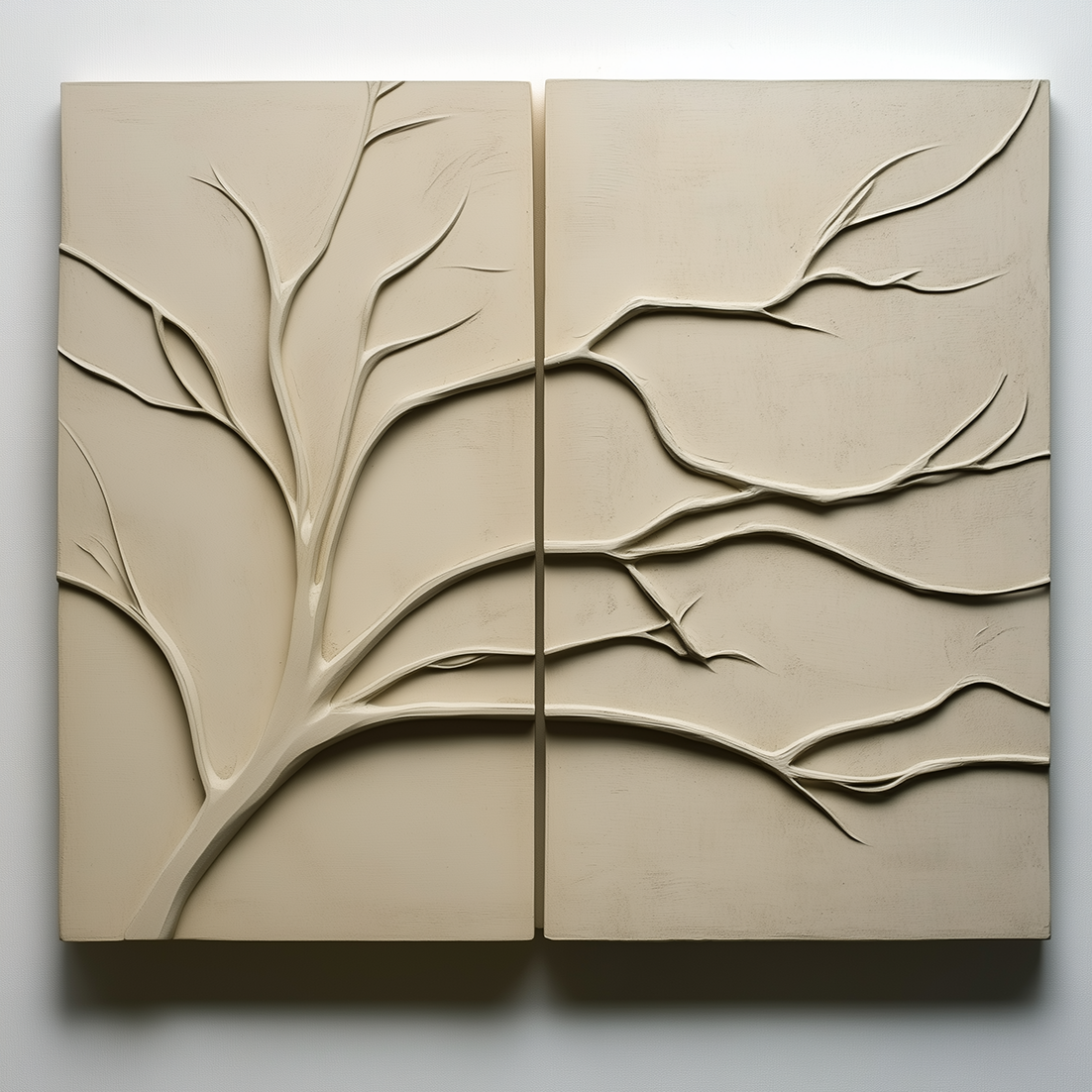 Whispering Branches-3D Textured Branch Diptych Wall Art, Wabi-Sabi Neutral Relief Decor for Minimalist Home
