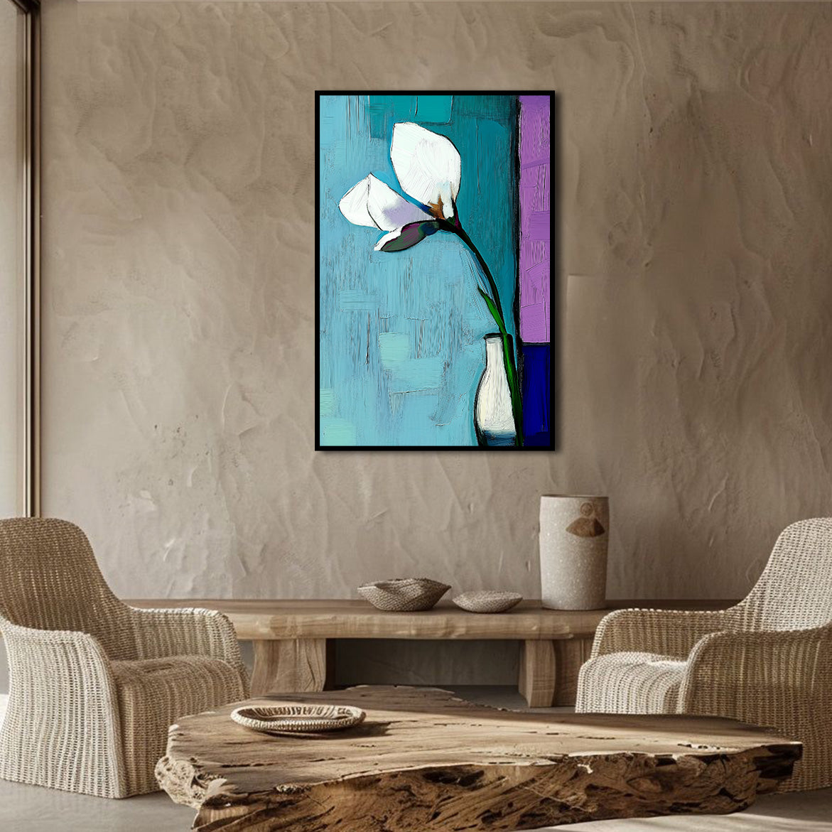 Whispering Light - Abstract White Flower Painting Modern Floral Vase Wall Art Vertical