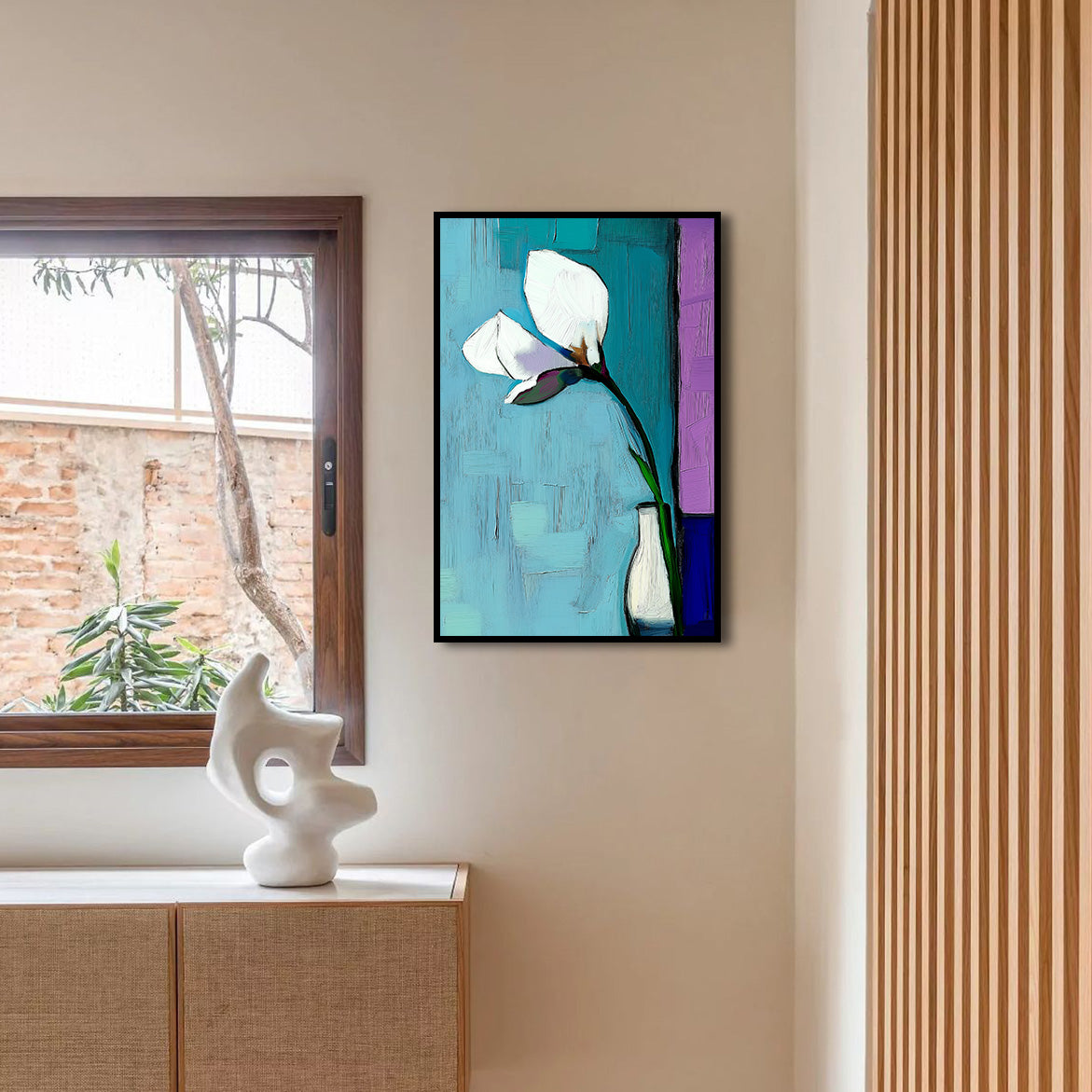 Whispering Light - Abstract White Flower Painting Modern Floral Vase Wall Art Vertical