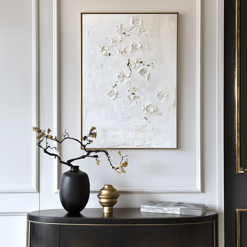 Whispering Orchids-White Orchid Textured Oil Painting | Minimalist Floral Wall Art