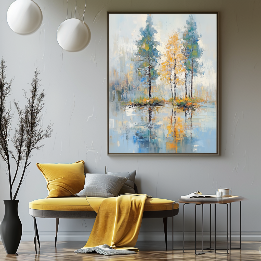 Whispering Reflections-Modern Abstract Landscape Oil Painting - Tree Reflections in Water, Blue-Gray Tones with Warm Yellow Accents, Serene Nature Wall Art for Living Room & Bedroom Decor