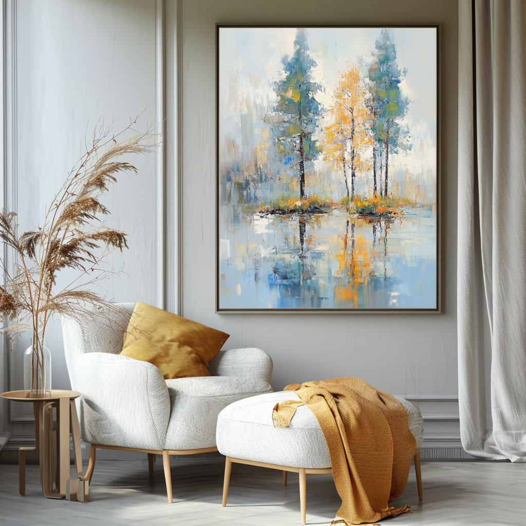 Whispering Reflections-Modern Abstract Landscape Oil Painting - Tree Reflections in Water, Blue-Gray Tones with Warm Yellow Accents, Serene Nature Wall Art for Living Room & Bedroom Decor