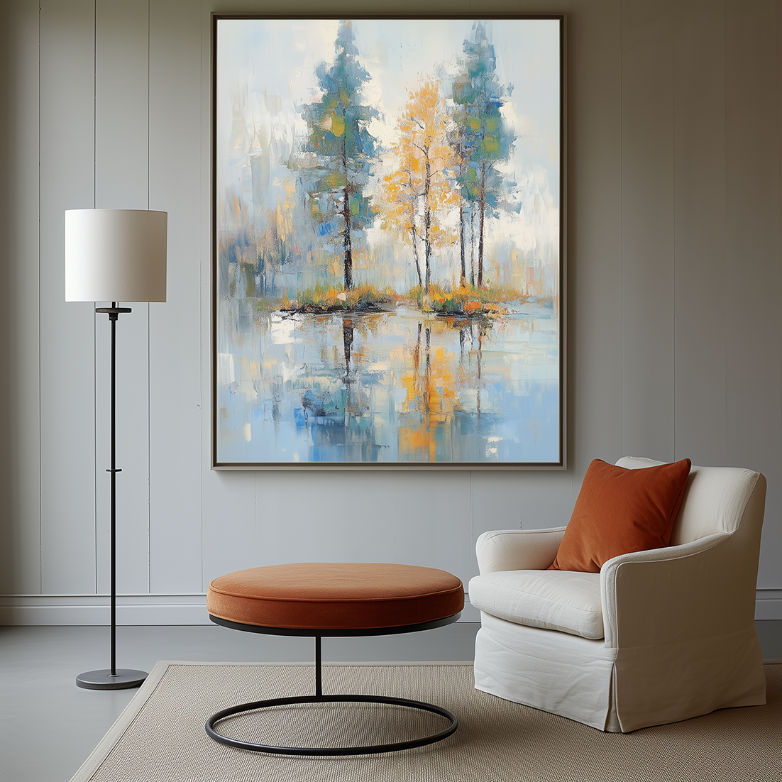 Whispering Reflections-Modern Abstract Landscape Oil Painting - Tree Reflections in Water, Blue-Gray Tones with Warm Yellow Accents, Serene Nature Wall Art for Living Room & Bedroom Decor