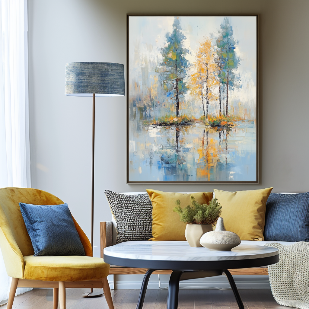 Whispering Reflections-Modern Abstract Landscape Oil Painting - Tree Reflections in Water, Blue-Gray Tones with Warm Yellow Accents, Serene Nature Wall Art for Living Room & Bedroom Decor