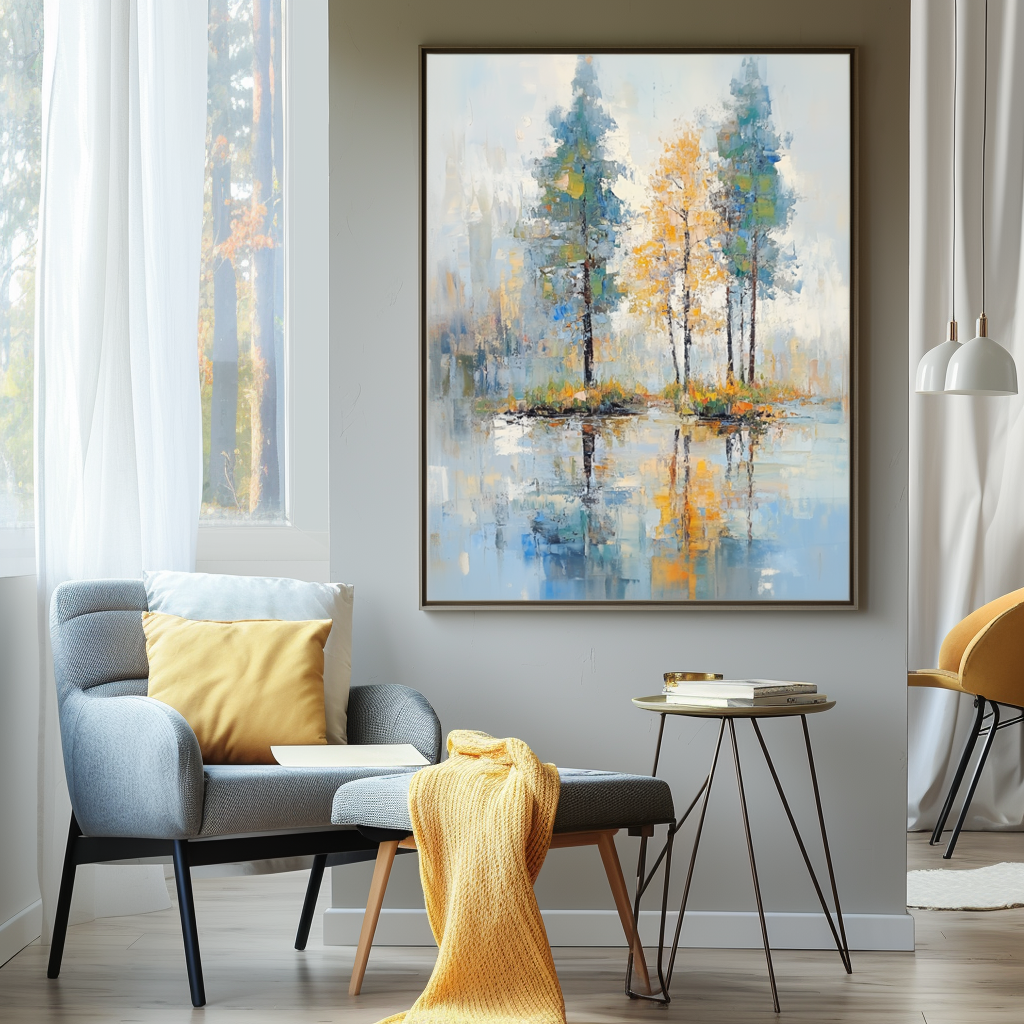 Whispering Reflections-Modern Abstract Landscape Oil Painting - Tree Reflections in Water, Blue-Gray Tones with Warm Yellow Accents, Serene Nature Wall Art for Living Room & Bedroom Decor