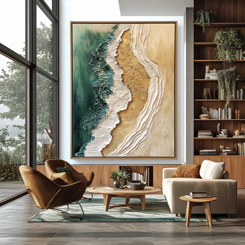 Whispering Shore – Plaster Art Texture Painting Textured Ocean Meets Sand Wall Art