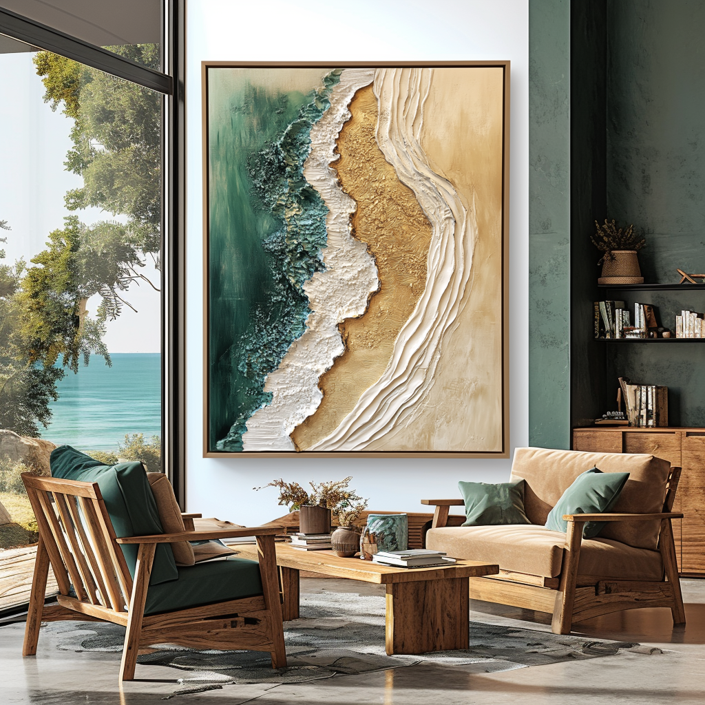 Whispering Shore – Plaster Art Texture Painting Textured Ocean Meets Sand Wall Art