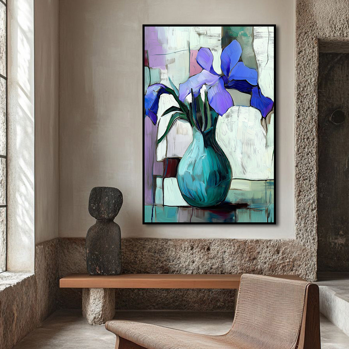 Whispers of Iris - Purple Iris Flower Oil Painting – Abstract Vase Wall Art on Canvas