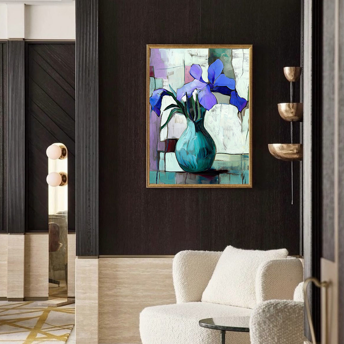 Whispers of Iris - Purple Iris Flower Oil Painting – Abstract Vase Wall Art on Canvas