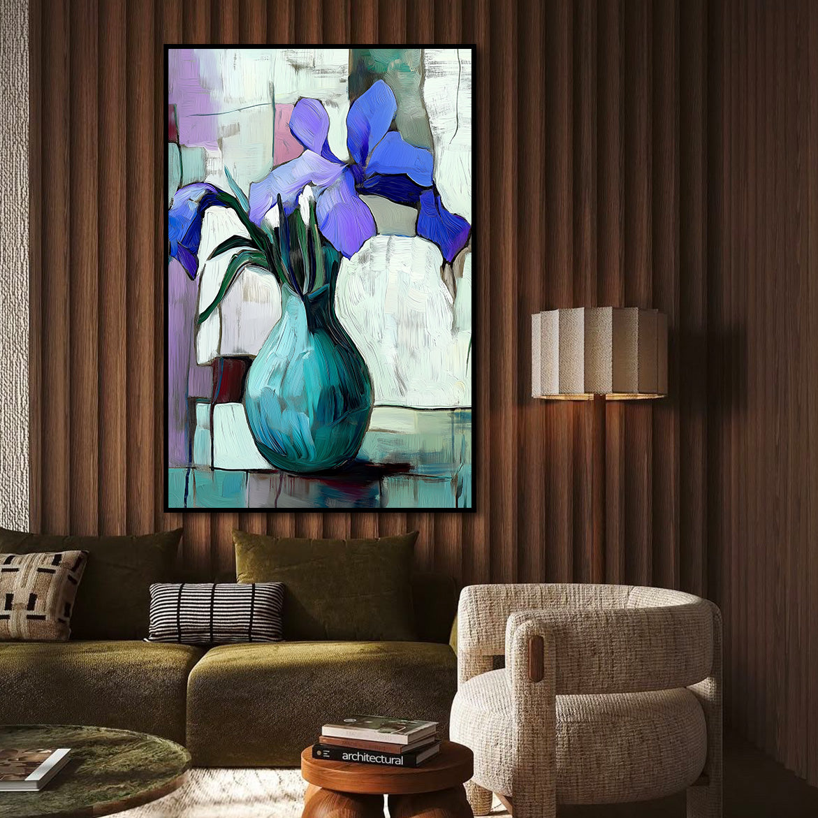 Whispers of Iris - Purple Iris Flower Oil Painting – Abstract Vase Wall Art on Canvas