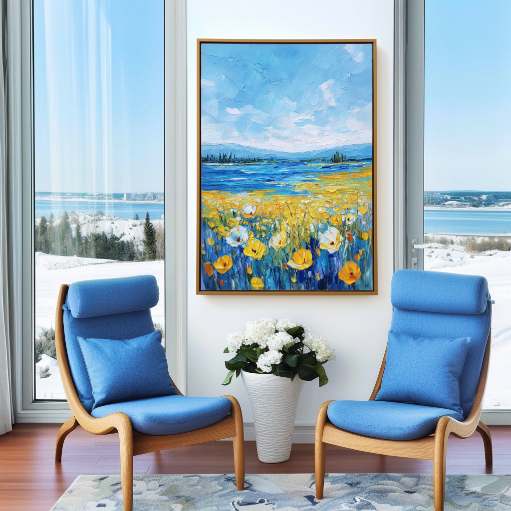 Whispers of Summer - Blue Lake and Yellow Field Floral Painting Textured Summer Landscape Art