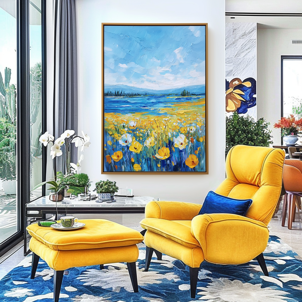 Whispers of Summer - Blue Lake and Yellow Field Floral Painting Textured Summer Landscape Art