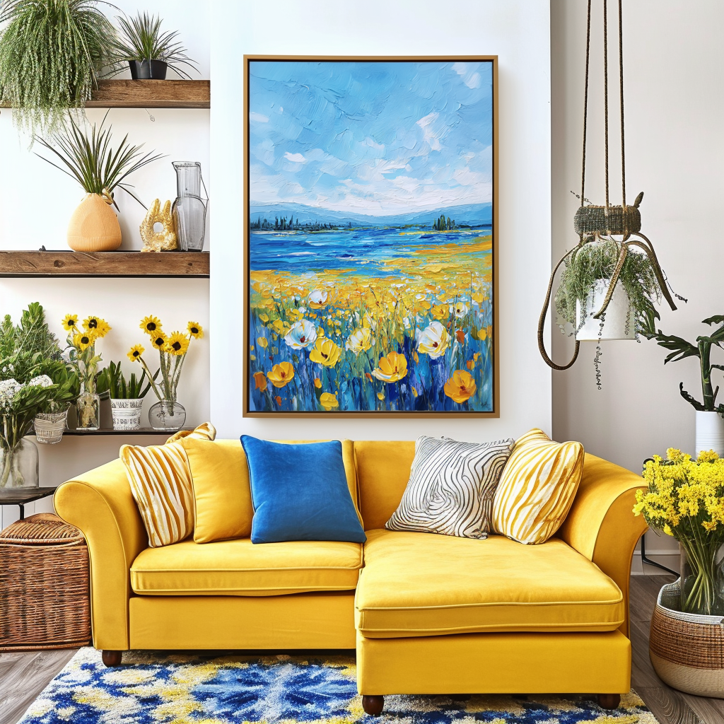 Whispers of Summer - Blue Lake and Yellow Field Floral Painting Textured Summer Landscape Art